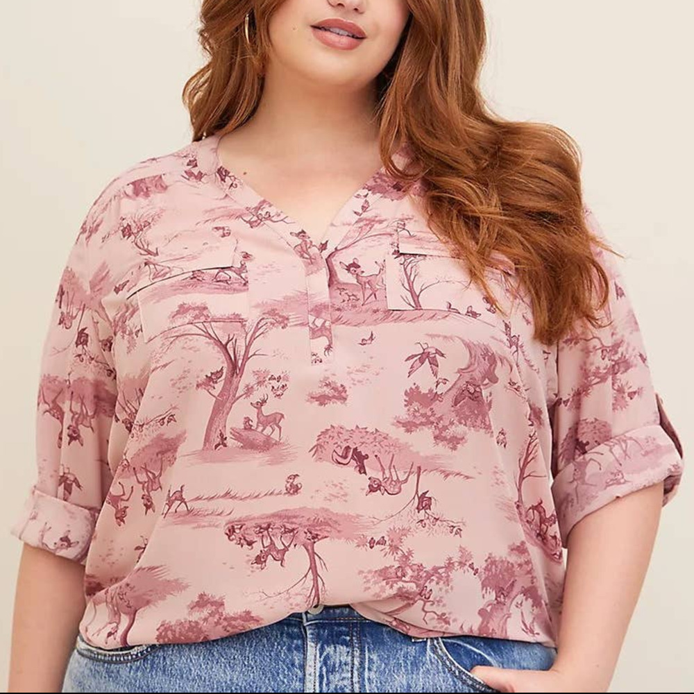 Torrid 5 (5x 28) Disney Pink Bambi Deer Forest Georgette Harper Blouse Shirt